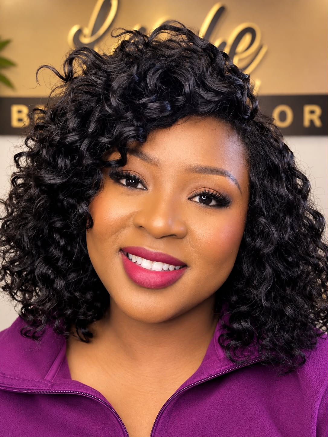 Client in a curly wig with soft glam makeup, full lashes and a berry lip, in front of the La-fe sign