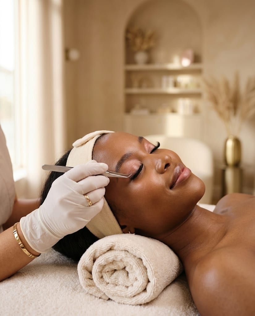 Client relaxing with her eyes closed during an eyelash extension